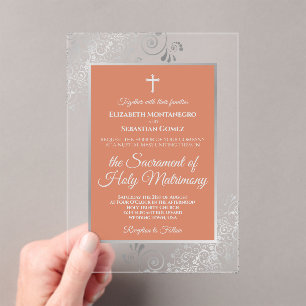 Elegant Terracotta Coral & Silver Catholic Wedding Acrylic Invitations