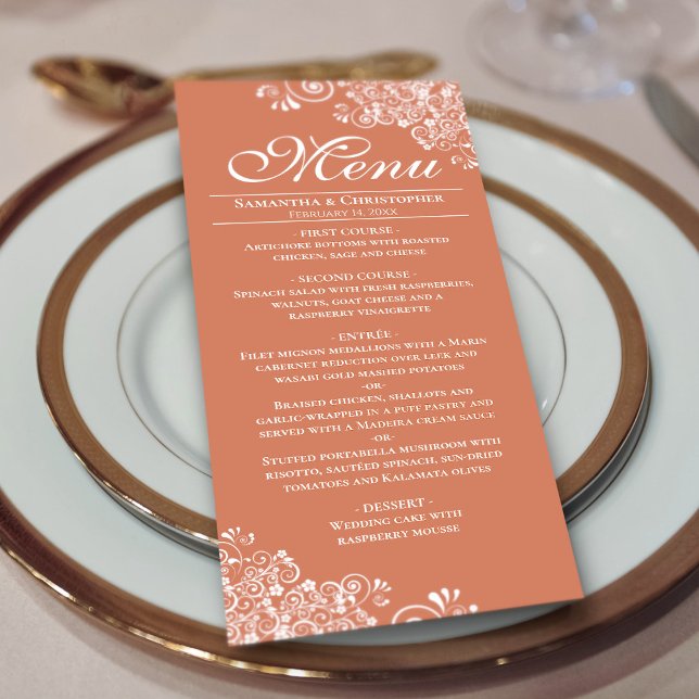 Elegant Terracotta Coral & White Curls Wedding Menu (On Plate)