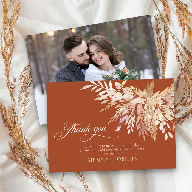 Elegant Terracotta Cream Foliage Duet Photo Thank You Card (Elegant terracotta Wedding photo thank you card - Foliage Duet Wedding Collection)
