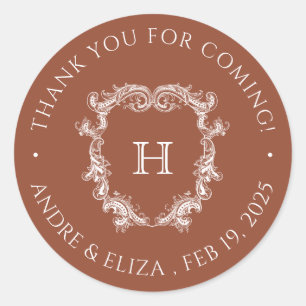 Elegant Terracotta Crest Monogram Wedding Classic Round Sticker
