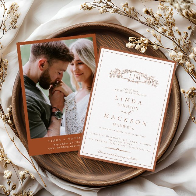 Elegant Terracotta  Crest Monogram Wedding   Invitation (Creator Uploaded)