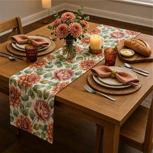 Elegant Terracotta Dahlias Autumn Floral Short Table Runner