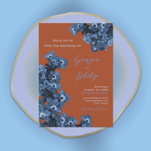 Elegant Terracotta & Dusty Blue Flowers Wedding Invitation