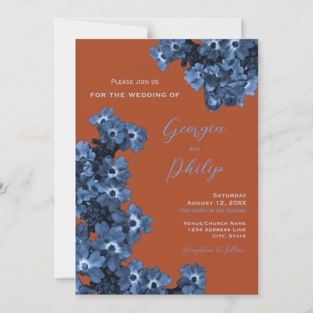 Elegant Terracotta & Dusty Blue Flowers Wedding Magnetic Invitation (Front)