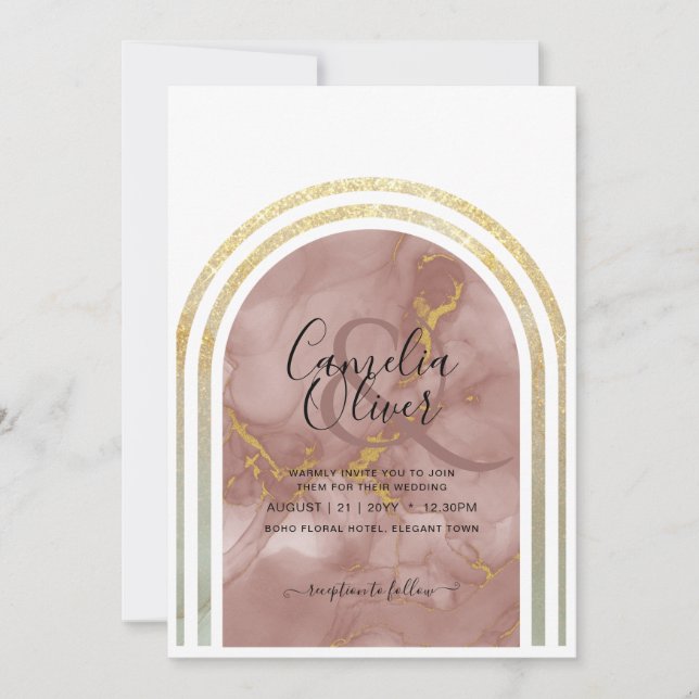 Elegant Terracotta Earthy Marble Gold Arch Wedding Invitation (Front)