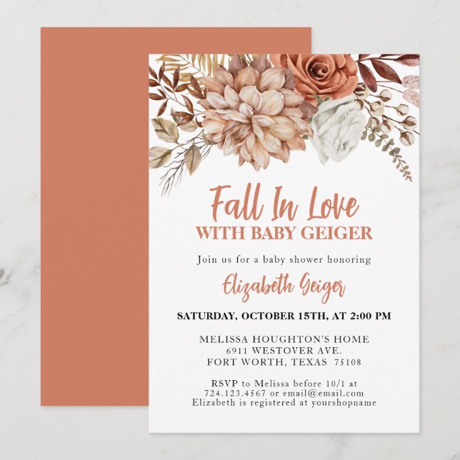 Elegant Terracotta Fall Floral Baby Shower Invitation (Front/Back)