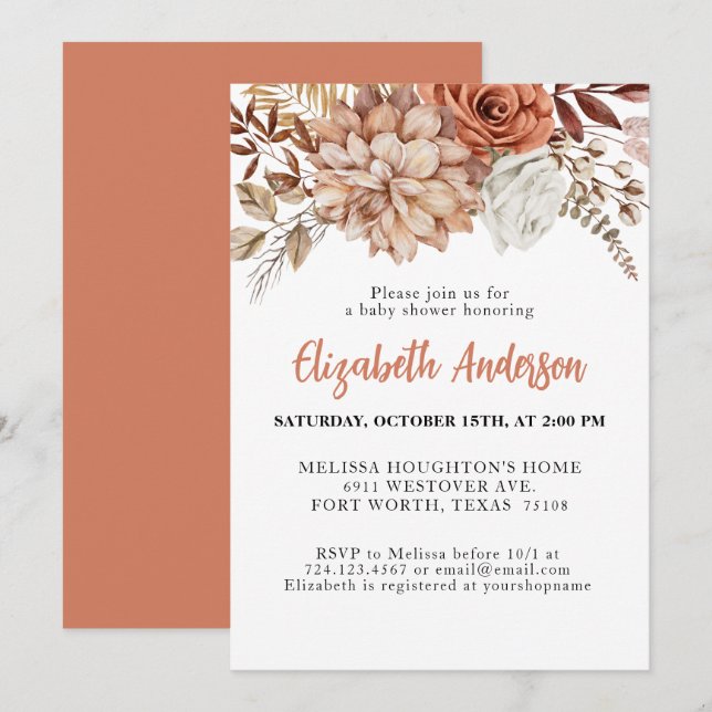 Elegant Terracotta Fall Floral Baby Shower Invitation (Front/Back)