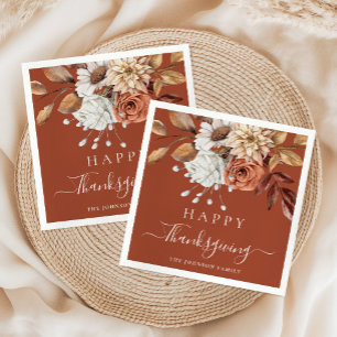 Elegant Terracotta Fall Floral Happy Thanksgiving Napkin