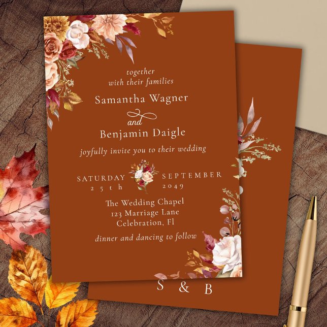 Elegant Terracotta Fall Floral Wedding Invitation (Creator Uploaded)