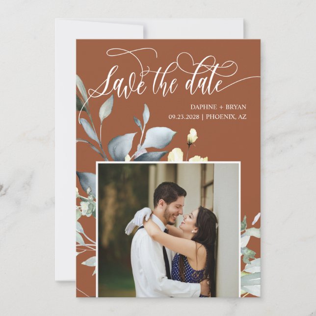 Elegant Terracotta Fall Green Leaves QR Code Photo Save The Date (Front)