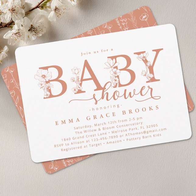 Elegant Terracotta Floral Baby Shower Typography Invitation (Floral Baby Shower Invite)