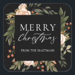 Elegant Terracotta Floral Boho Christmas Name  Square Sticker<br><div class="desc">These beautiful Christmas holiday gift stickers feature a hand painted floral design in dark olive green, terracotta burnt orange, and ivory over a black background (colour can be customised, if desired). Stylish typography reads, "Merry Christmas." Easy to personalise for unique holiday gift labels! For design enquiries, please email me (Tracey)...</div>