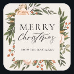 Elegant Terracotta Floral Boho Christmas Name   Square Sticker<br><div class="desc">These beautiful Christmas holiday gift stickers feature a hand painted floral design in dark olive green, terracotta burnt orange, and ivory over an ivory background (colour can be customised, if desired). Stylish typography reads, "Merry Christmas." Easy to personalise for unique holiday gift labels! For design enquiries, please email me (Tracey)...</div>