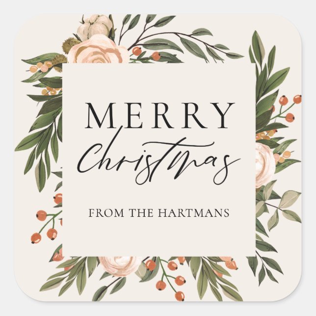 Elegant Terracotta Floral Boho Christmas Name   Square Sticker (Front)