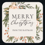Elegant Terracotta Floral Boho Christmas Name   Square Sticker<br><div class="desc">These beautiful Christmas holiday gift stickers feature a hand painted floral design in dark olive green, terracotta burnt orange, and ivory over an ivory background (colour can be customised, if desired). Stylish typography reads, "Merry Christmas." Easy to personalise for unique holiday gift labels! For design enquiries, please email me (Tracey)...</div>