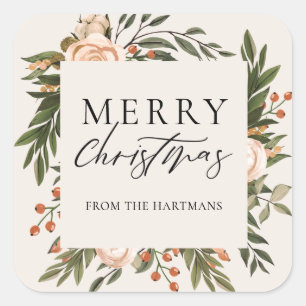 Elegant Terracotta Floral Boho Christmas Name   Square Sticker