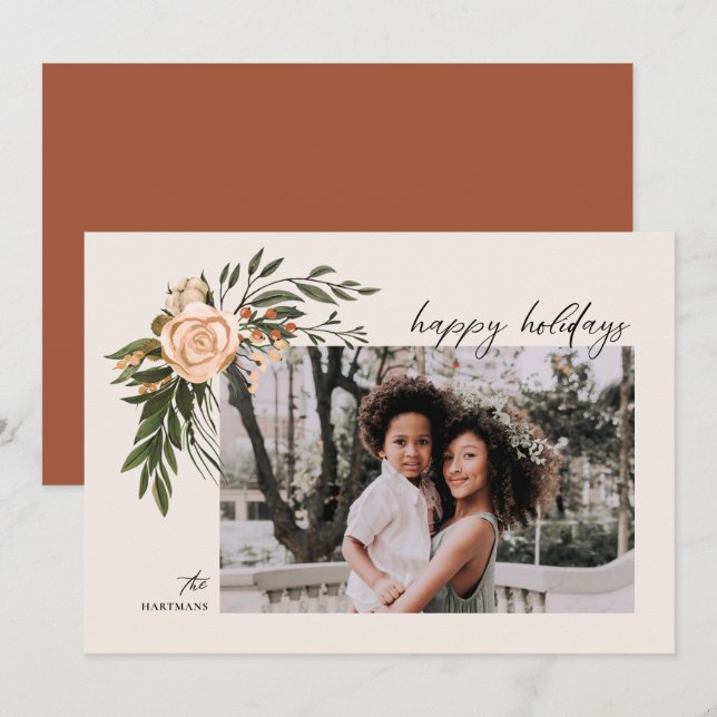 Elegant Terracotta Floral Boho Photo   Holiday Card (Front/Back)