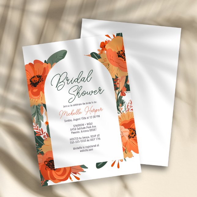 Elegant Terracotta Floral Bridal Shower Invitation (Bridal shower invitation card with terracotta and orange floral design on a white background.)