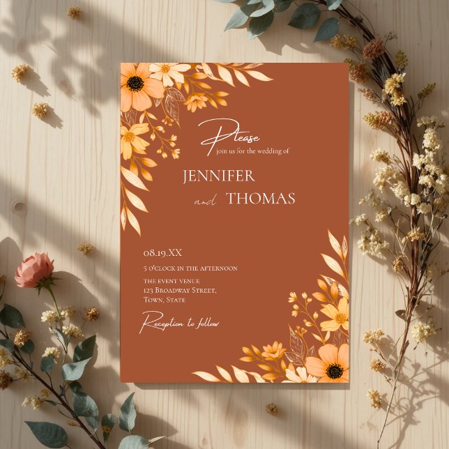 Elegant Terracotta Floral Hand-Drawn Wedding Invitation (Creator Uploaded)
