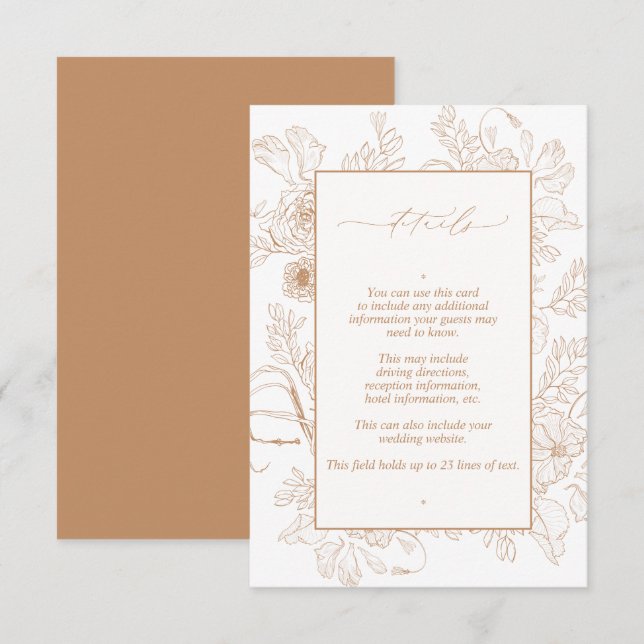Elegant Terracotta Floral Line Art Wedding Details Enclosure Card (Front/Back)