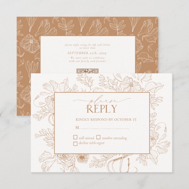 Elegant Terracotta Floral Line Art Wedding RSVP Card (Front/Back)