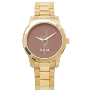 Elegant Terracotta Floral Newlyweds Monogram Watch
