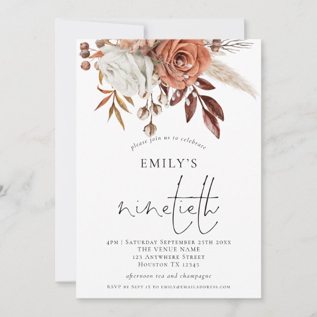 Elegant Terracotta Floral Ninetieth Birthday Party Invitation (Front)