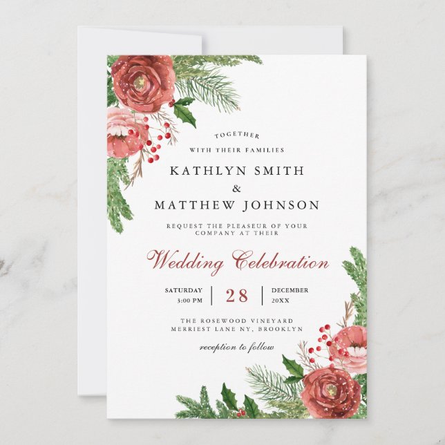 Elegant Terracotta Floral Pine Bough Wedding Photo Invitation (Front)