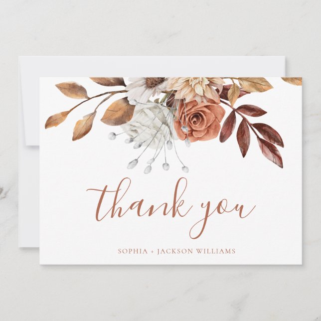 Elegant Terracotta Floral Script Blank  Thank You Card (Front)