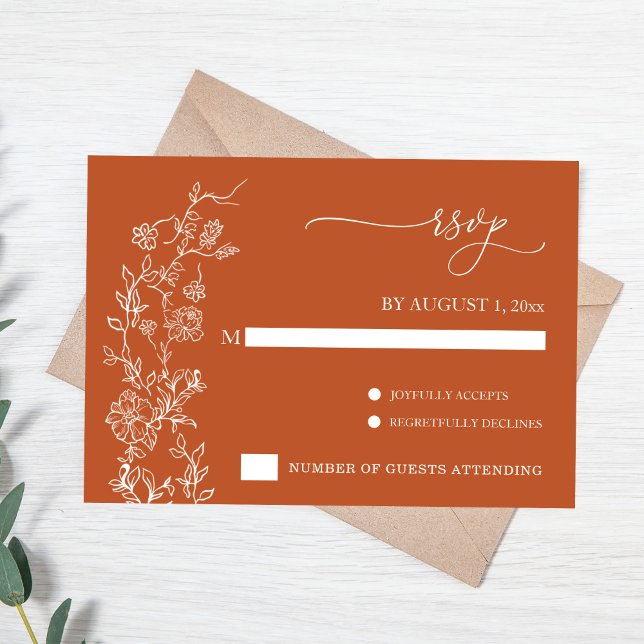 Elegant Terracotta Floral Vintage Wedding RSVP (Terracotta Wedding RSVP card with white florals)
