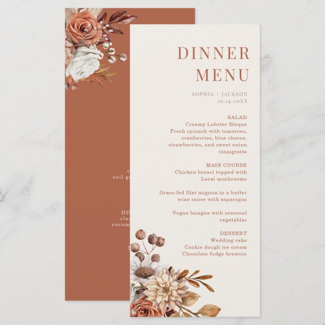 Elegant Terracotta Floral Wedding Dinner Menu Card (Front/Back)