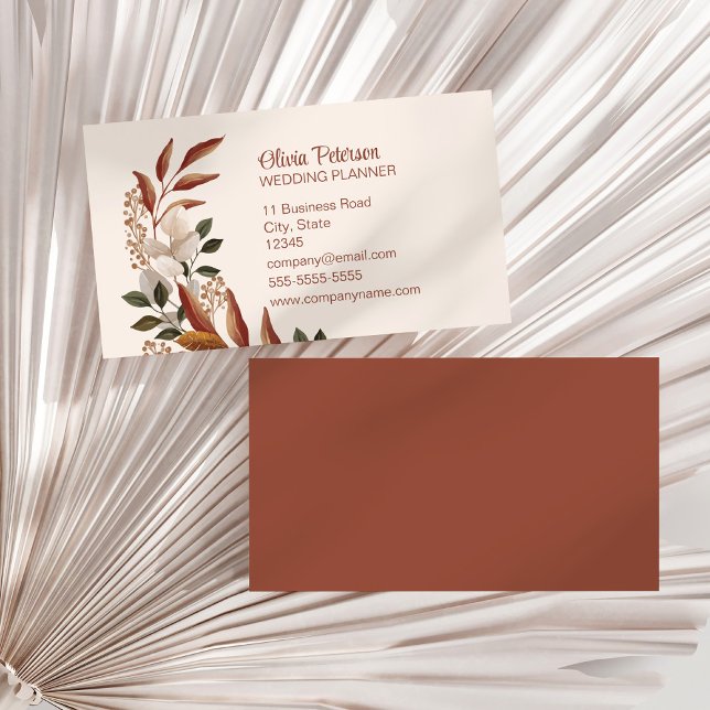 Elegant Terracotta Floral Wedding Planner Business Card (Elegant Terracotta Floral Wedding Planner Business Card on a sunny white dry palm leaf.)