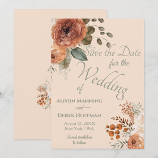 Elegant Terracotta Floral Wedding Save the Date Holiday Card