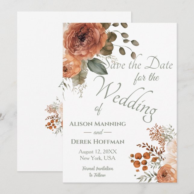 Elegant Terracotta Floral Wedding Save the Date Holiday Card (Front/Back)