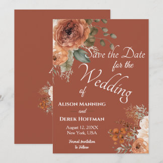 Elegant Terracotta Floral Wedding Save the Date Holiday Card