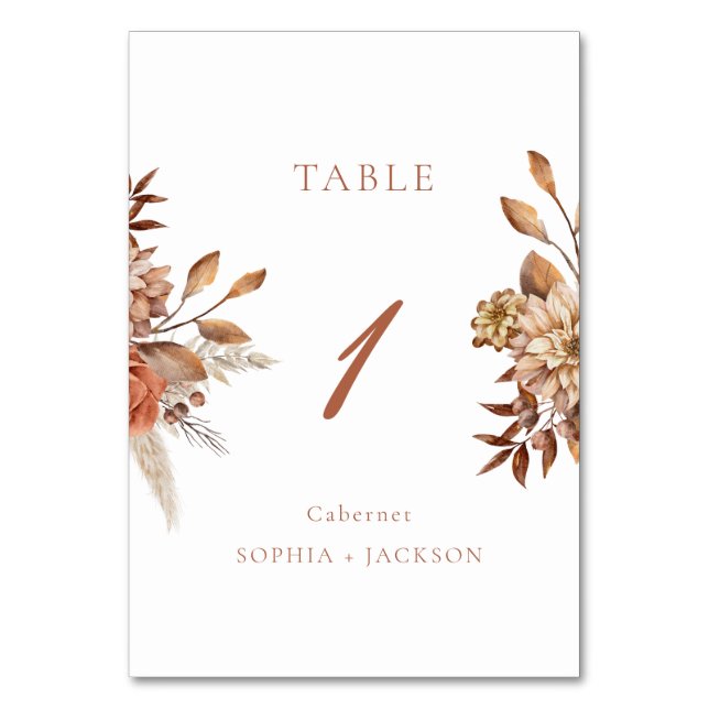Elegant Terracotta Floral Wedding  Table Number (Front)