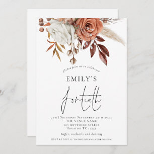 Elegant Terracotta Florals Fortieth Birthday Party Invitation