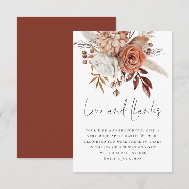 Elegant Terracotta Florals Love Thanks Wedding Thank You Card (Front/Back)