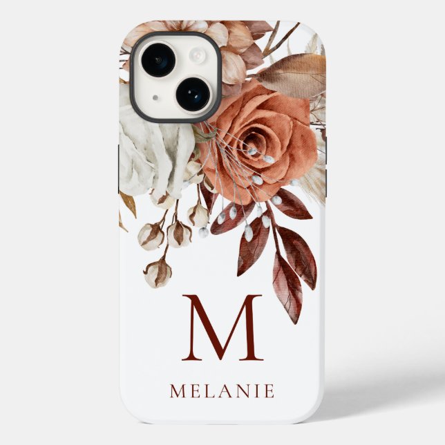 Elegant Terracotta Florals Monogram Initial Name Case-Mate iPhone Case (Back)