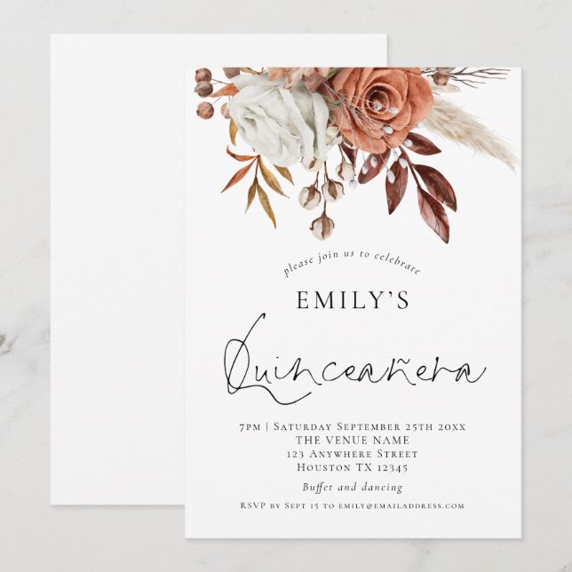 Elegant Terracotta Florals Quinceañera 15th Party Invitation (Front/Back)