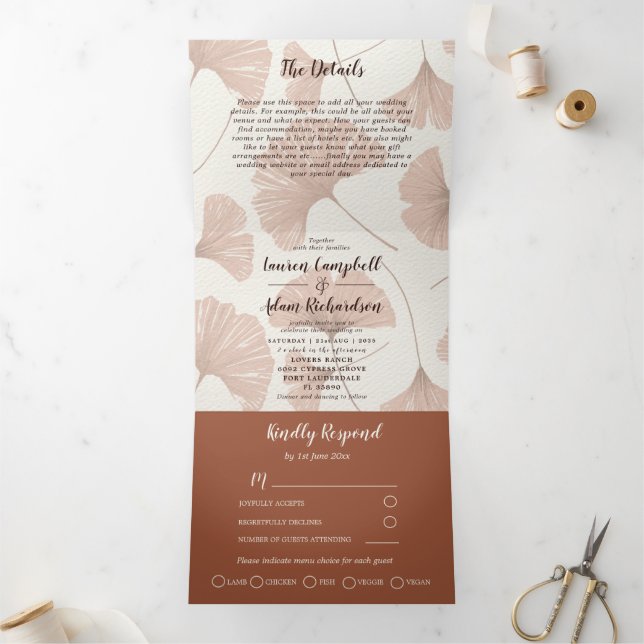 Elegant Terracotta Ginkgo Foliage Wedding  Tri-Fold Invitation (Inside)