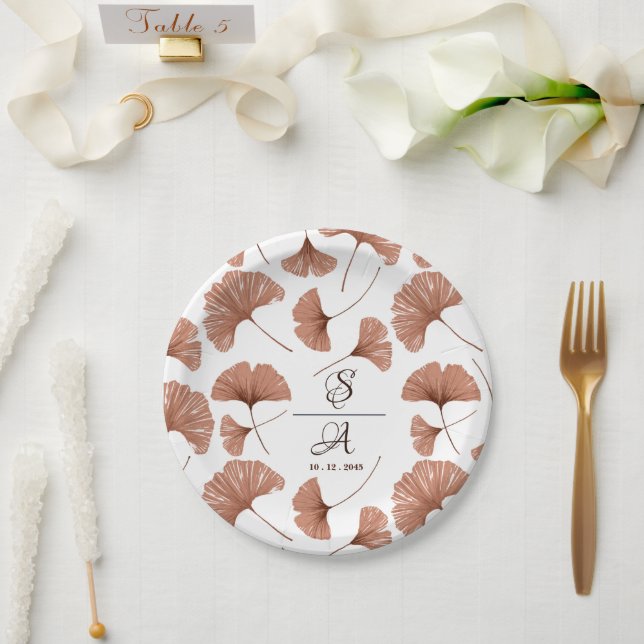Elegant Terracotta Ginkgo Leaf Pattern Wedding Paper Plate (Wedding)