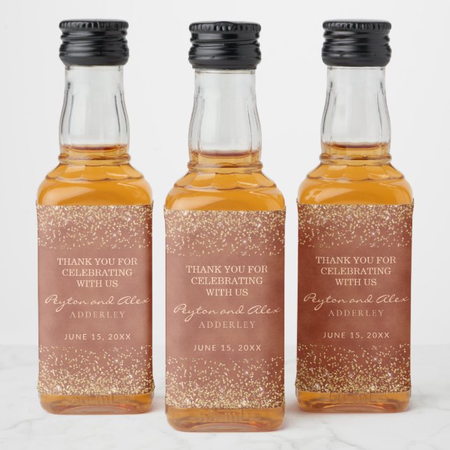 Elegant Terracotta Gold Glitter Wedding Liquor Bottle Label (Bottles)