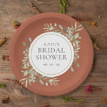 Elegant Terracotta Gold Greenery Bridal Shower Paper Plate<br><div class="desc">Featuring delicate watercolor leaves on a terracotta background,  these chic botanical bridal shower paper plates can be personalised with your special bridal shower information. Designed by Thisisnotme©</div>