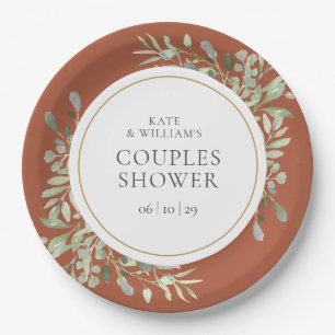 Elegant Terracotta Gold Greenery Couples Shower Paper Plate