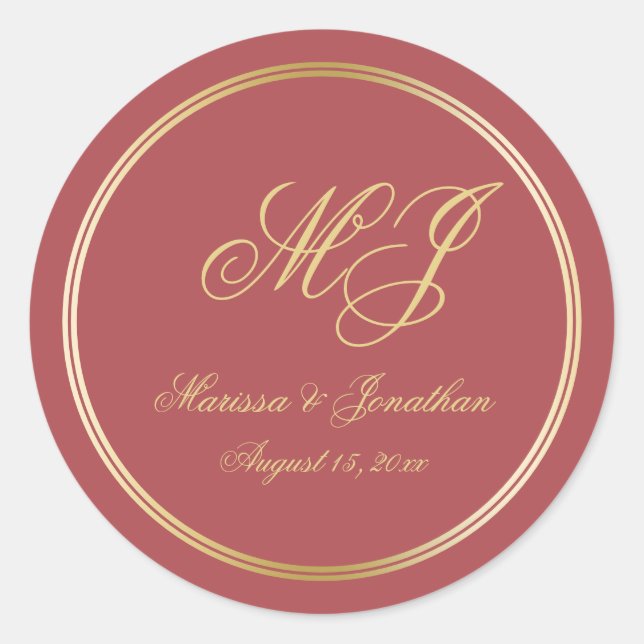 Elegant Terracotta Gold Monogram Script Wedding Classic Round Sticker (Front)