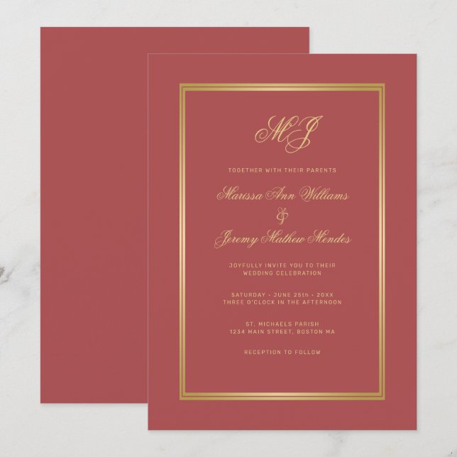 Elegant Terracotta Gold Monogram Script Wedding Invitation (Front/Back)