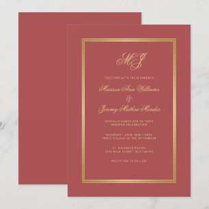Elegant Terracotta Gold Monogram Script Wedding Invitation