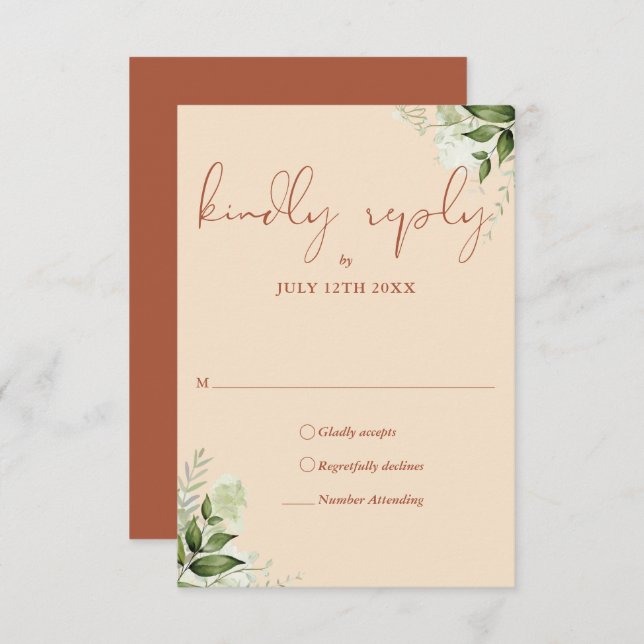 Elegant Terracotta Greenery Floral Wedding RSVP Card (Front/Back)
