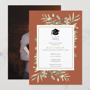Elegant Terracotta Greenery Photo Graduation Party Invitation
